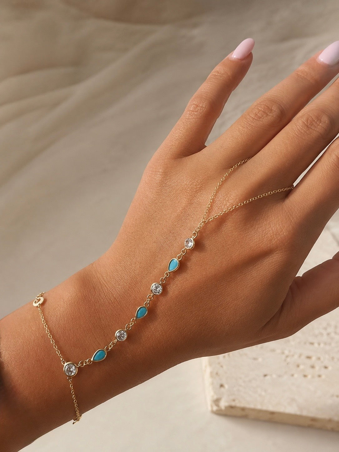 Round & Oval Stone Hand Chain (Blue or Clear Stones)