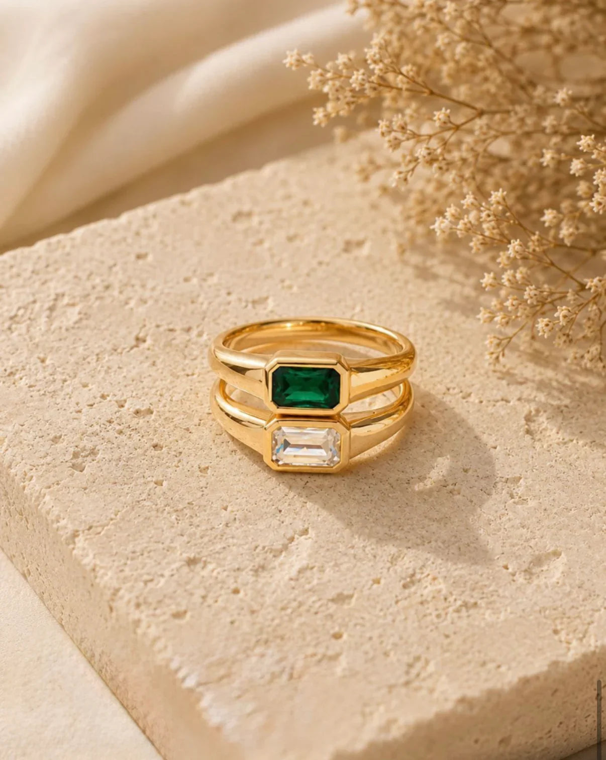 Emerald-Cut Bezel Pinky Ring (Green or Clear)