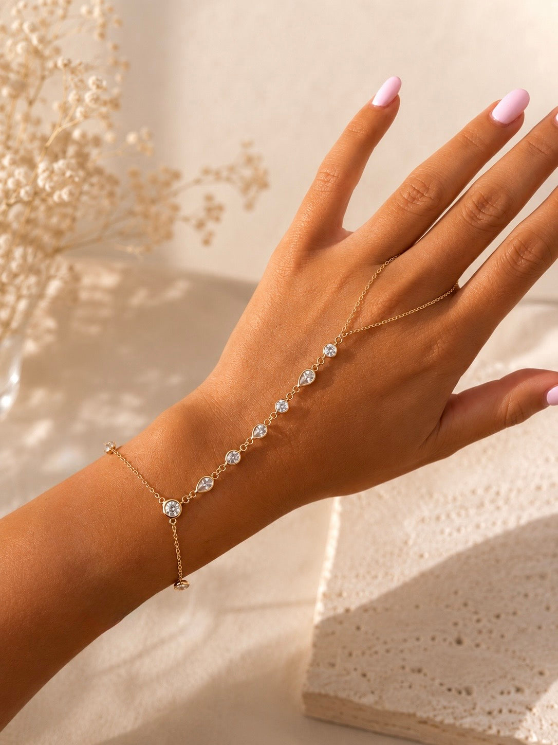 Round & Oval Stone Hand Chain (Blue or Clear Stones)