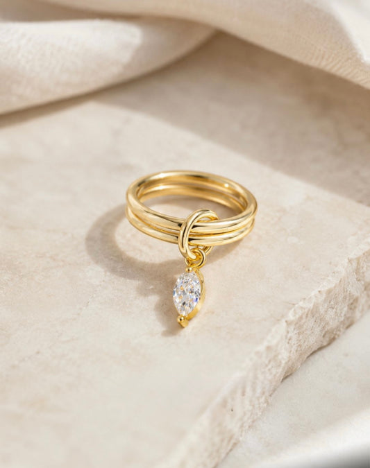 Double Band Knot Pinky Ring with Marquise Charm
