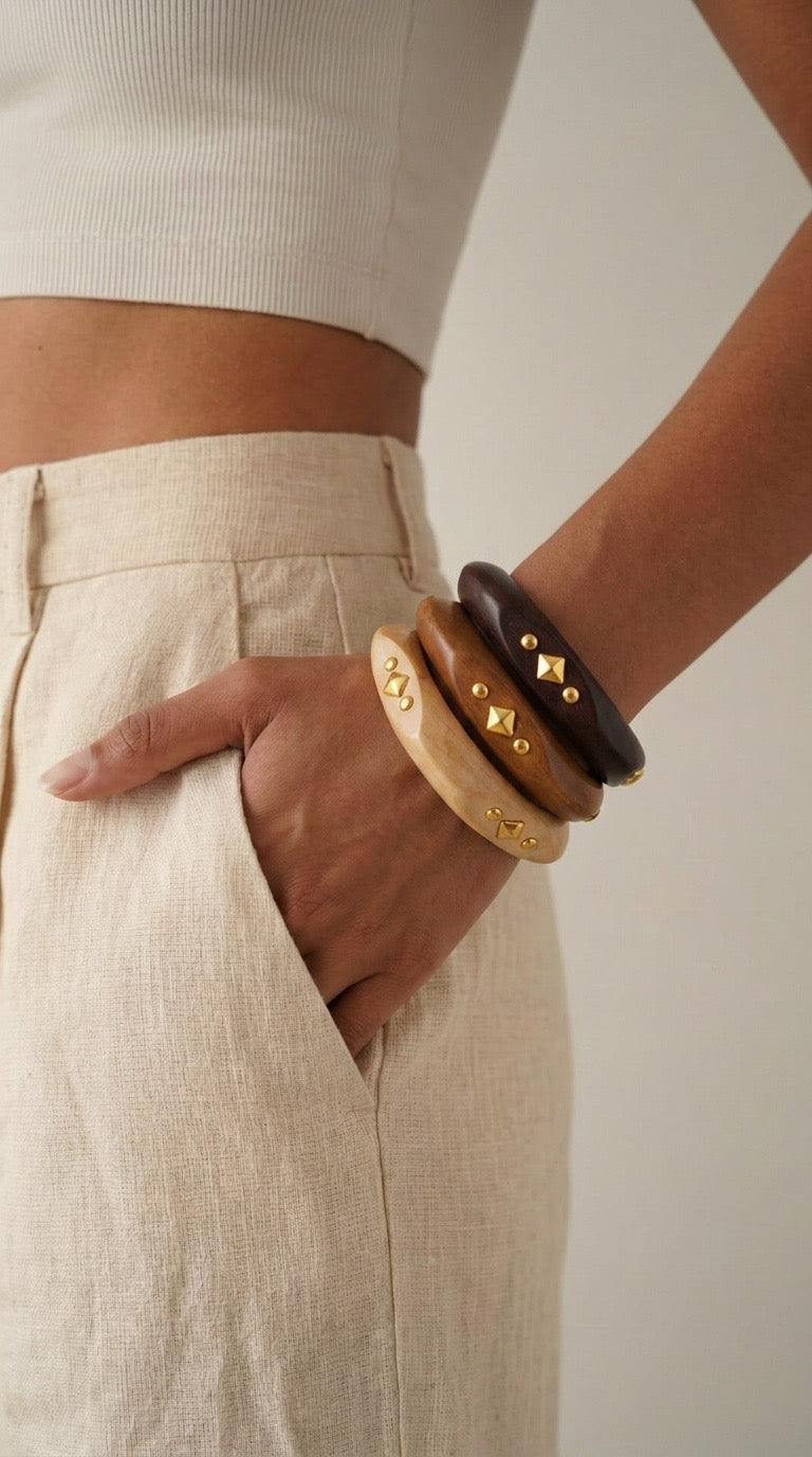 Gold Studded Chunky Wooden Bangle Bracelet | Statement Boho Bracelet