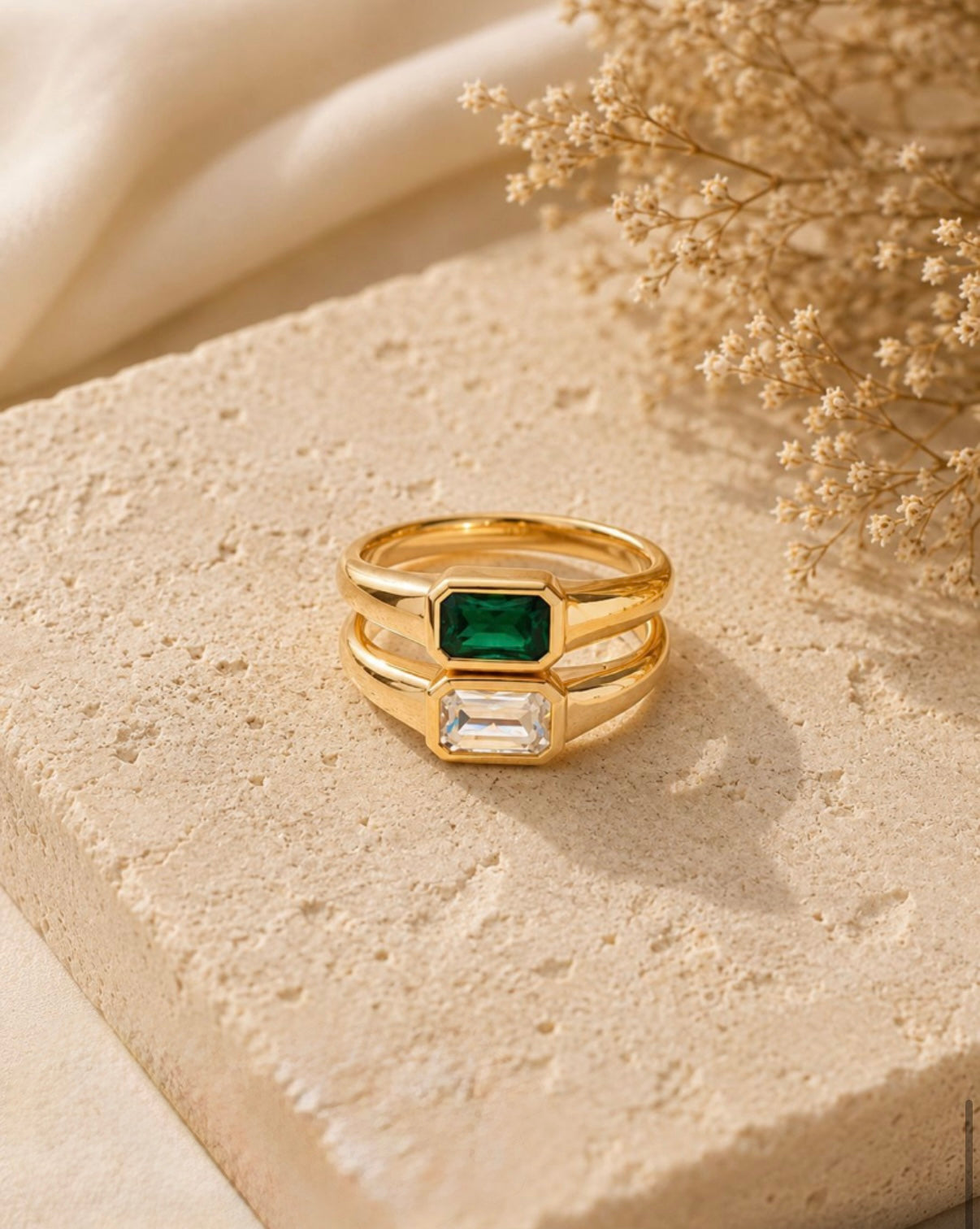 Emerald-Cut Bezel Pinky Ring (Green or Clear)