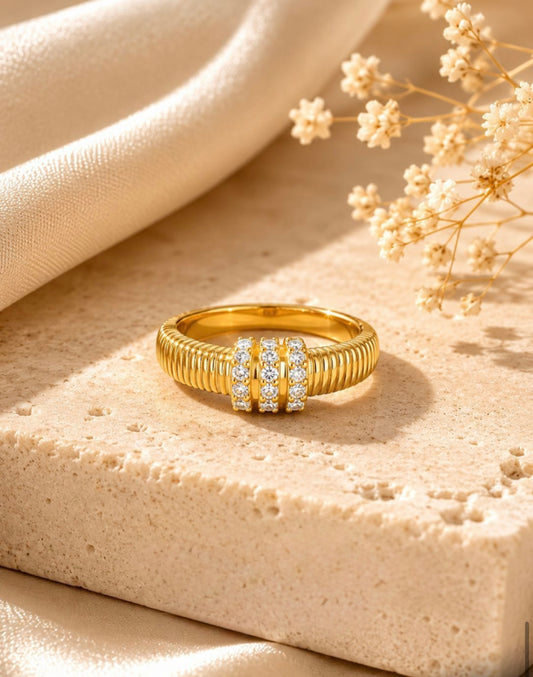 Ribbed Pinky Ring with Triple CZ Pave Bar